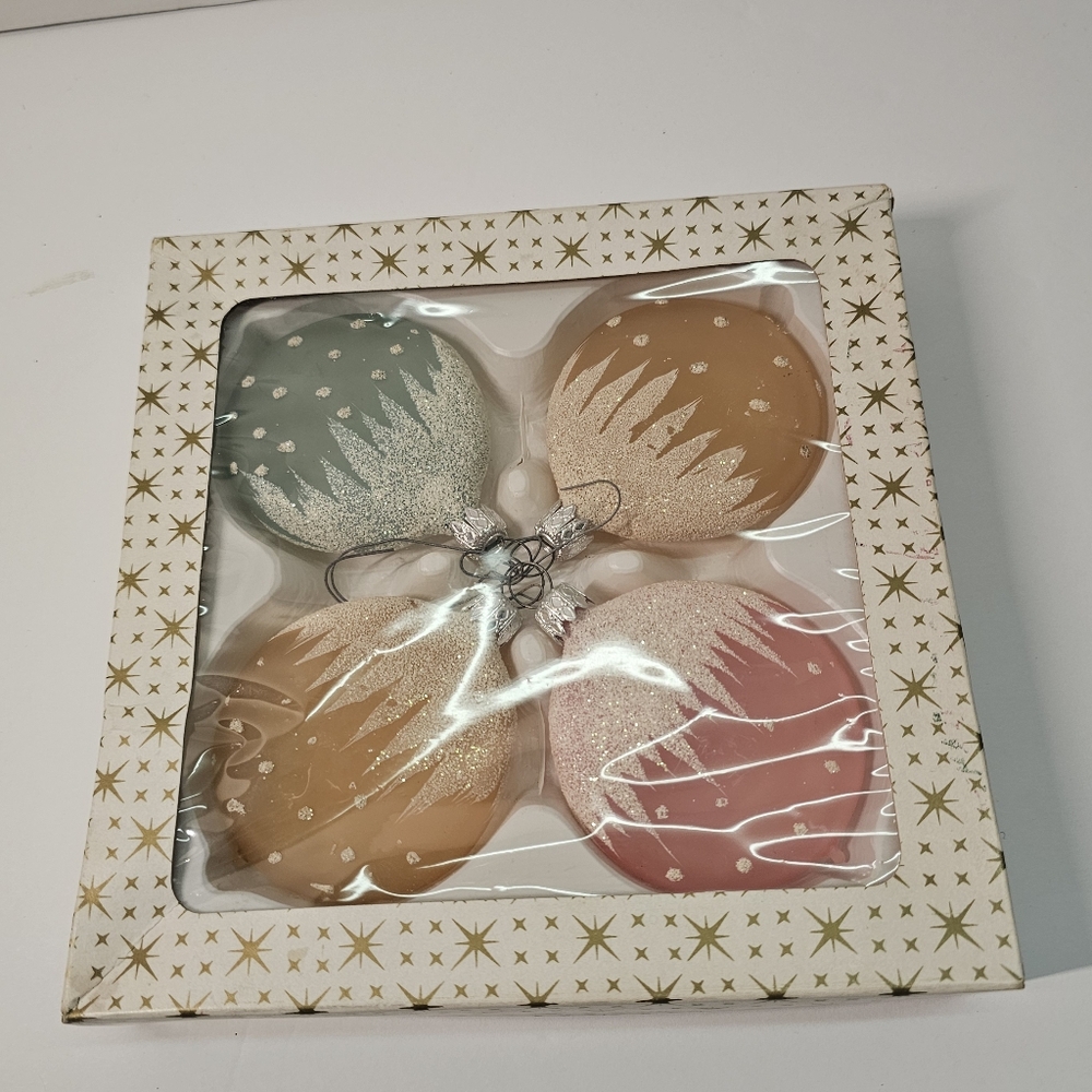Vtg West Germany Flat Blown Glass‎ Ornaments Glitter Snowcap Classic Christmas